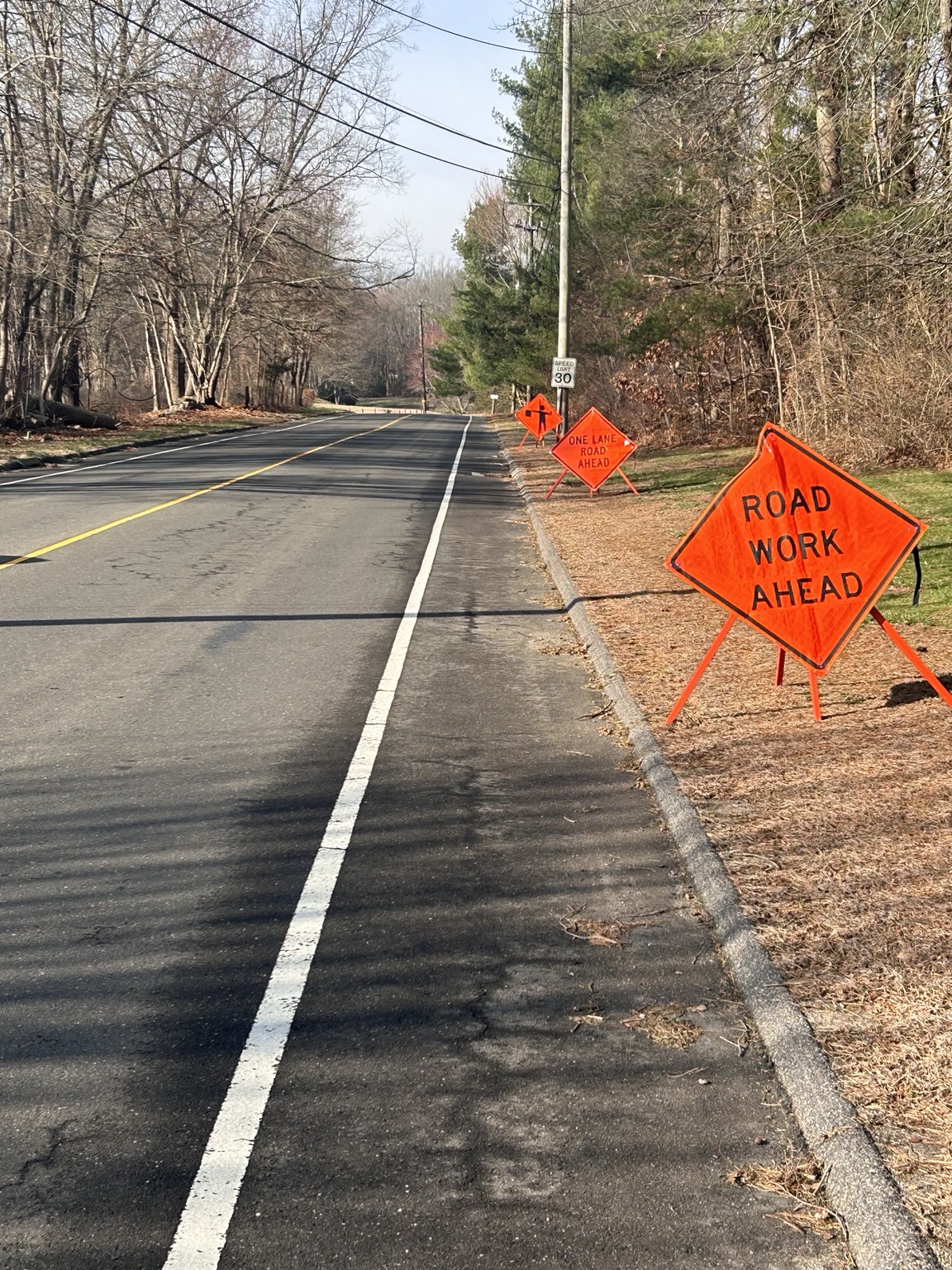 Road work, one-lane road and flagger warning signs along a roadway.