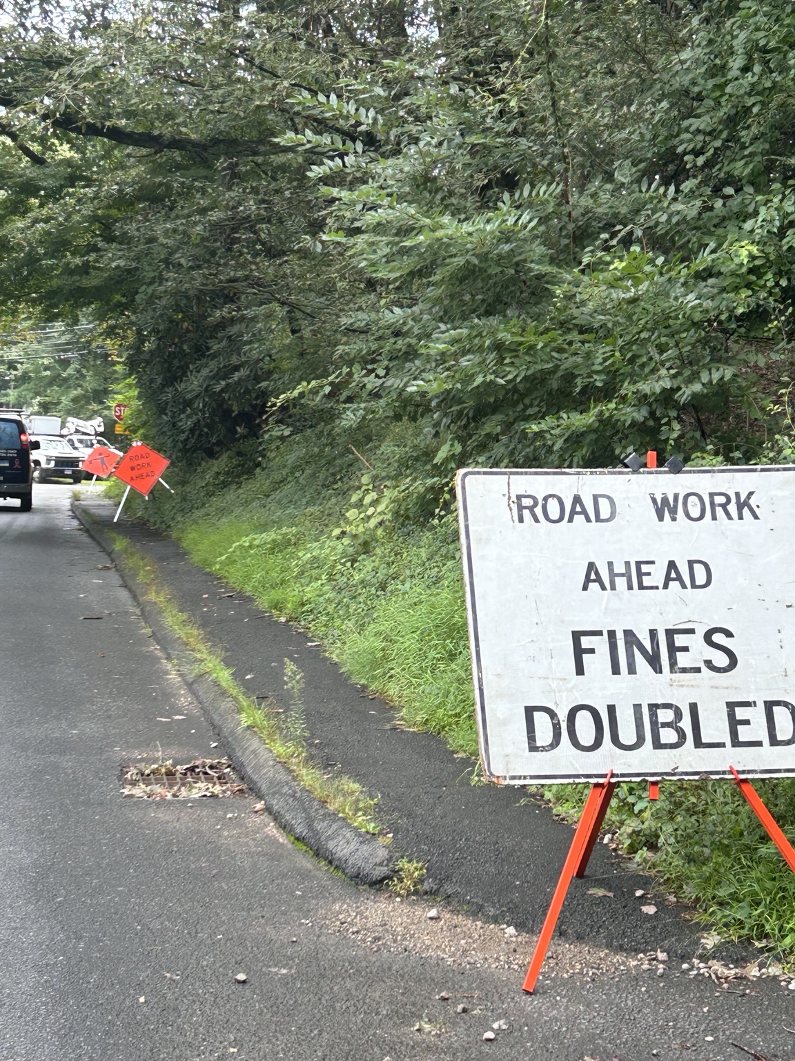 Temporary road-work signs on a tree-lined street.